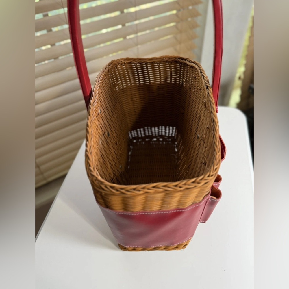 Vintage Wicker Garden Tote Basket, Red Faux Leather Tool Organizer,Decor Storage - Picture 7 of 8